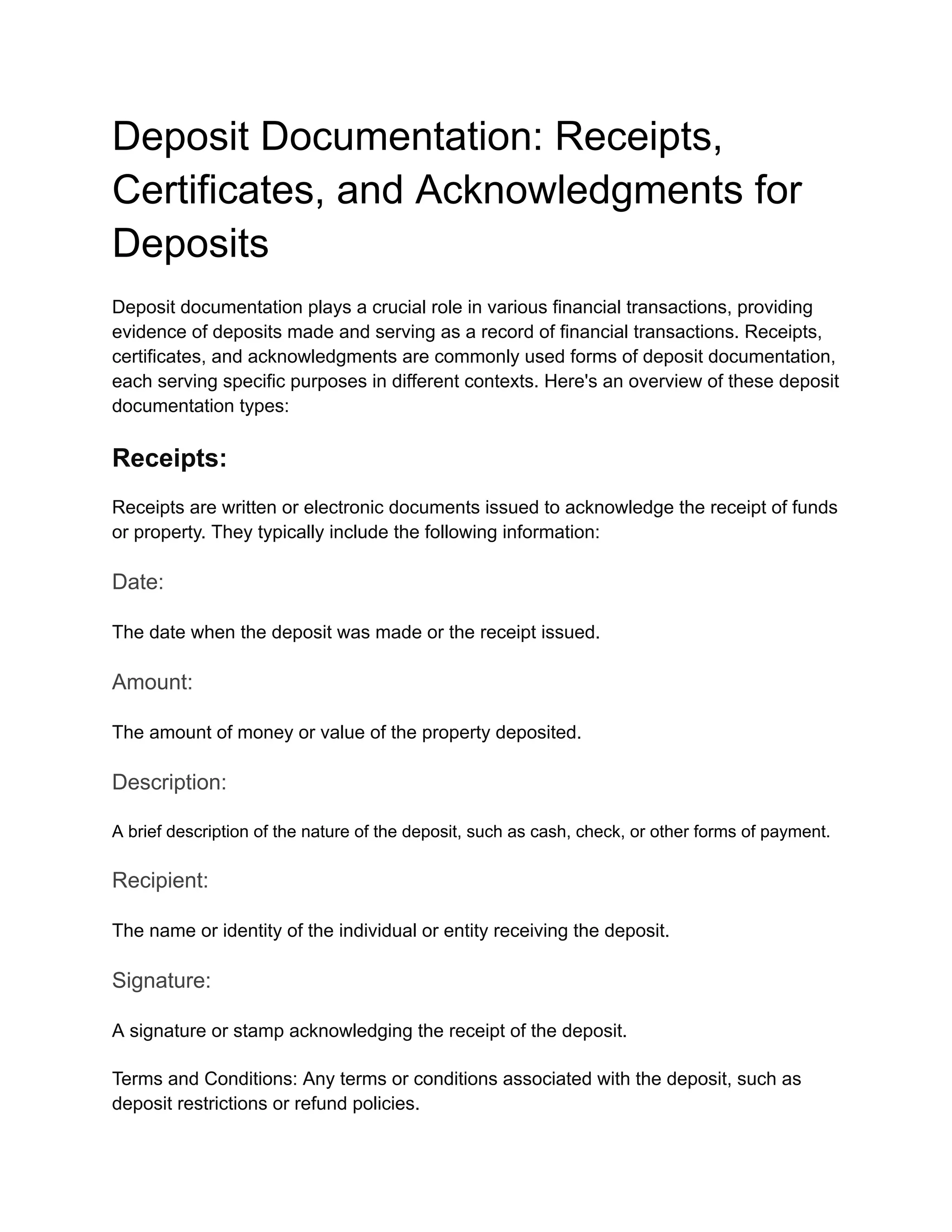 Deposit Documentation: Receipts, Certificates, and Acknowledgments for ...