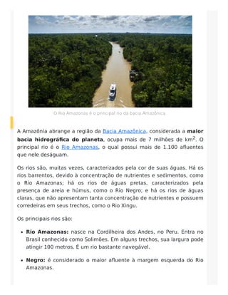 O Rio Amazonas é o principal rio da bacia Amazônica.
A Amazônia abrange a região da Bacia Amazônica, considerada a maior
bacia hidrográfica do planeta, ocupa mais de 7 milhões de km2. O
principal rio é o Rio Amazonas, o qual possui mais de 1.100 afluentes
que nele deságuam.
Os rios são, muitas vezes, caracterizados pela cor de suas águas. Há os
rios barrentos, devido à concentração de nutrientes e sedimentos, como
o Rio Amazonas; há os rios de águas pretas, caracterizados pela
presença de areia e húmus, como o Rio Negro; e há os rios de águas
claras, que não apresentam tanta concentração de nutrientes e possuem
corredeiras em seus trechos, como o Rio Xingu.
Os principais rios são:
Rio Amazonas: nasce na Cordilheira dos Andes, no Peru. Entra no
Brasil conhecido como Solimões. Em alguns trechos, sua largura pode
atingir 100 metros. É um rio bastante navegável.
Negro: é considerado o maior afluente à margem esquerda do Rio
Amazonas.
 