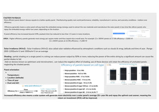 Solar Irradiance (W/m2) : Solar Irradiance (W/m2) :also called solar radiation,nfluenced by atmospheric conditions such as clouds & smog, latitude and time of year , Range :
(500-1200)w/m^2 and 1000w/m^2 on an average
Shading : partial shading on a single panel in a string can reduce power output by 50% or more, reducing the power of the entire string by a significant amount can cause the
partial diodes to fail
Add-on devices known as optimisers and microinverters , can reduce the negative effect of shading, use of these devices will retain the efficiency of unshaded panels
neglecting the shaded panels
Panel orientation
Temperature :
Location (latitude)
Time of year
Dust and dirt
More efficient panel doesn’t always equate to a better quality panel , Manifacturing quality real-world performance, reliability, manufacturer’s service, and warranty conditions. matters over
efficiency
Efficiency generally means a solar panel will pay back the embodied energy (energy used to extract the raw materials and manufacture the solar panel) in less time like sillicon panels who
repay the embodied energy within two years, depending on the location.
If panel efficiency has increased beyond 20%, payback time has reduced to less than 1.5 years in many locations.
Increased efficiency also means a solar system will generate more electricity over a solar panel's average 20+ year life and repay the upfront cost sooner, meaning the
return on investment (ROI) will be improved.
FASTER PAYBACK
AREA : Higher efficiency panels generate more energy per square meter and thus require less overall area. For example 12 x 300W panels at 17.5% efficiency = 3,600 W
12 x 440W panels at 22.5% efficiency = 5,280 W
 
