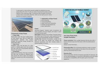 3
A solar panel is a device that converts sunlight into electricity by using
photovoltaic (PV) cells. PV cells are made of materials that produce excited
electrons when exposed to light. The electrons flow through a circuit and
produce direct current (DC) electricity, which can be used to power various
devices or be stored in batteries.
How Solar Panels Work
Sunlight Absorption:
Photon Interaction: When sunlight (photons) hits the solar cells, it
knocks electrons loose from their atoms within the semiconductor
material.
Electric Current Generation:
Photovoltaic Effect: This movement of electrons creates an electric
current. Metal conductive plates on the sides of the cell collect the
electrons and transfer them to wires.
Electricity Flow:
Direct Current (DC): The flow of electrons generates DC electricity, whi
can be used immediately or converted to alternating current (AC) using
an inverter for compatibility with the electric grid or household
appliances.
Applications of Solar Panels
Home Electricity
Corporate Buildings
Large-Scale Power Generation
Portable and Specialized Use
Space Applications
Components of Solar Panels
Solar Cells:
Photovoltaic Cells: The basic building blocks
of solar panels, solar cells are made from
semiconductor materials that convert
sunlight into electrical energy through the
photovoltaic effect.
Glass Cover:
Protective Layer: The top layer of a solar
panel is a durable glass cover that protects
the solar cells from environmental elements
like rain, hail, and dirt.
Encapsulant:
Sealing and Protection: This layer surrounds
the solar cells, providing an adhesive layer
that secures the cells in place and protects
them from moisture and other environmental
factors.
Frame:
Structural Support: Typically made of aluminum, the
frame provides structural integrity and makes it easier
to mount the solar panel.
Back Sheet: Protection from the Rear: The back sheet is
the bottom layer of the panel, which protects the cells
from environmental damage and helps in insulation.
Junction Box: Electrical Connections: Located on the
back of the panel, the junction box contains the
electrical connections and often includes diodes to
prevent backflow of current.
 