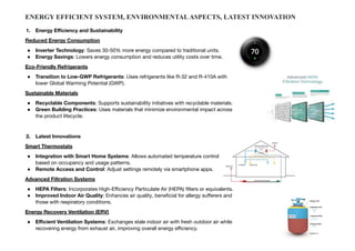 ENERGY EFFICIENT SYSTEM, ENVIRONMENTALASPECTS, LATEST INNOVATION
1. Energy Eﬃciency and Sustainability
Reduced Energy Consumption
● Inverter Technology: Saves 30-50% more energy compared to traditional units.
● Energy Savings: Lowers energy consumption and reduces utility costs over time.
Eco-Friendly Refrigerants
● Transition to Low-GWP Refrigerants: Uses refrigerants like R-32 and R-410A with
lower Global Warming Potential (GWP).
Sustainable Materials
● Recyclable Components: Supports sustainability initiatives with recyclable materials.
● Green Building Practices: Uses materials that minimize environmental impact across
the product lifecycle.
2. Latest Innovations
Smart Thermostats
● Integration with Smart Home Systems: Allows automated temperature control
based on occupancy and usage patterns.
● Remote Access and Control: Adjust settings remotely via smartphone apps.
Advanced Filtration Systems
● HEPA Filters: Incorporates High-Eﬃciency Particulate Air (HEPA) ﬁlters or equivalents.
● Improved Indoor Air Quality: Enhances air quality, beneﬁcial for allergy suﬀerers and
those with respiratory conditions.
Energy Recovery Ventilation (ERV)
● Eﬃcient Ventilation Systems: Exchanges stale indoor air with fresh outdoor air while
recovering energy from exhaust air, improving overall energy eﬃciency.
 