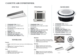 CASSETTE AIR CONDITIONER:
360 DEGREE
TWO WAY
ONE WAY
1. STANDARD TON: 1.5 to 2
2. H X W X D: 25 cm X 83.5 cm X
83.5 cm (Indoor)
3. H X W X D: 67 cm X 89 cm X 32
cm (Outdoor)
4. BRAND: voltas
5. AIRFLOW: 618-765 CMH
6. INDOOR UNIT WEIGHT: 24kg
7. OUTDOOR UNIT WEIGHT: 53kg
1. STANDARD TON: 4 to 6
2. H X W X D: 84 cm X 84 cm X 28.5
cm (Indoor)
3. BRAND: voltas
4. AIRFLOW: 388-424-459-494 CFM
5. INDOOR UNIT WEIGHT: 25kg
6. OUTDOOR UNIT WEIGHT: 53kg
7. COOLING POWER: 3190 watts
1. STANDARD TON: 1.5 to 3
2. H X W X D: 36.5cm X 94 cm X 94
cm (Indoor)
3. BRAND: samsung
4. INDOOR UNIT WEIGHT: 25kg
5. OUTDOOR UNIT WEIGHT: 53kg
6. COOLING POWER: 13600 watts
Panasonic
● Models: S-18PUY7H5YD (Inverter, Hot & Cold), S-24PUY6H59B (Cooling
only)
● Features: Nanoe™ X technology, 3D Blade Fan.
● Price: Starting around $800.
Hitachi
● Models: 4-way cassette units.
● Features: Innovative airflow, aesthetic design.
● Price: INR 62,000 to INR 174,000.
Mitsubishi
● Models: Focus on efficiency and quiet operation.
● Features: Advanced cooling, user-friendly controls.
● Price: Starting around INR 70,000.
Samsung
● Models: Cassette ACs with inverter options.
● Features: Smart technology, Wi-Fi connectivity.
● Price: INR 65,000 to INR 150,000
Daikin
● Models: Inverter and non-inverter cassette ACs.
● Features: Advanced air filtration, energy-efficient.
● Price: Varies by model.
TOP BRANDS
LATEST INNOVATIONS
HITACHI SAMSUNG
VOLTAS
DAIKIN
 