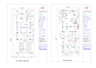 S.No. Date Revision Sign
Drawing Title:
Electrical Drawing
ELECTRICAL SYMBOLS
ELECTRICAL POINTS:-
1. ALL LIGHT POINTS ABOVE LINTEL.
2. ALL SWITCH BOARD 4'6" FROM FINISHED
3. T.V. POINT 2'6" FROM FINISHED FLOOR LEVEL.
4. GEYSER POINT FROM CEILING 2'0" SIDE
1'6" FROM PLUMBING POINT.
Wall mounted light
5 amps
15 amps
Television point T.V.
Switch board
Tubelight
Fan
A.C. POINT 20AMPS
2 sockets extra in each switch board
chandeleier
ceiling lights
distribution board
calling bell
Compound wall lights
wall lights
DB
FLOOR LEVEL.
SB
spot light
25'-0"
55'-0"
Up
3'-6"
3'-0"
7'-0"
Rm
10'4.5"x9'4.5"
Toi.
3'9"x5'0"
3'-6"
Hall
14'6"x11'4.5"
SITE / GROUND FLOOR PLAN
5'-0"
5'-0"
20'-0"
5'-0"
5'-0"
16'-0"
Bore Well
Existing
3'-71
2"
3'-71
2"
Existing Well
4'-0"
4'-0"
4'-0" 7'-6" 7'-6"
WATER SUMP
10'0"x7'0"x7'0"
13,000 litres capacity
2'0" x2'0"
Man Hole
4'-0"
O.T.S.
4'-0"
DB
S.No. Date Revision Sign
Drawing Title:
Electrical Drawing
ELECTRICAL SYMBOLS
ELECTRICAL POINTS:-
1. ALL LIGHT POINTS ABOVE LINTEL.
2. ALL SWITCH BOARD 4'6" FROM FINISHED
3. T.V. POINT 2'6" FROM FINISHED FLOOR LEVEL.
4. GEYSER POINT FROM CEILING 2'0" SIDE
1'6" FROM PLUMBING POINT.
Wall mounted light
5 amps
15 amps
Television point T.V.
Switch board
Tubelight
Fan
A.C. POINT 20AMPS
2 sockets extra in each switch board
chandeleier
ceiling lights
distribution board
calling bell
Compound wall lights
wall lights
DB
FLOOR LEVEL.
SB
spot light
25'-0"
55'-0"
Up
3'-6"
3'-0"
7'-0"
4'-0"
Fridge
Kitchen
10'0"x9'0"
Bed-1
10'0"x4'0"
Toi.
8'0'x4'0"
O.T.S.
Down
4'-6"
5'-0"
Bal.
13'1.5"x4'0"
Living
18'6"x11'4.5"
FIRST FLOOR PLAN
2'-0"
4'-0"
Store
3'-0"
6'-3"
3'-6"
Puja
Dining
8'1.5"x12'4.5"
2'-6"
2'-6"
7'-0"
16'-41
2"
2'-0"
3'-0"
5'-0"
Balcony
5'-0"
18'6"x10'4.5"
wardrobe
 