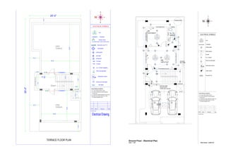 S.No. Date Revision Sign
Drawing Title:
Electrical Drawing
ELECTRICAL SYMBOLS
ELECTRICAL POINTS:-
1. ALL LIGHT POINTS ABOVE LINTEL.
2. ALL SWITCH BOARD 4'6" FROM FINISHED
3. T.V. POINT 2'6" FROM FINISHED FLOOR LEVEL.
4. GEYSER POINT FROM CEILING 2'0" SIDE
1'6" FROM PLUMBING POINT.
Wall mounted light
5 amps
15 amps
Television point T.V.
Switch board
Tubelight
Fan
A.C. POINT 20AMPS
2 sockets extra in each switch board
chandeleier
ceiling lights
distribution board
calling bell
Compound wall lights
wall lights
DB
FLOOR LEVEL.
SB
spot light
25'-0"
55'-0"
3'-6"
3'-6"
7'-0"
4'-0"
O.T.S.
Down
4'-6"
5'-0"
OPEN
TERRACE
TERRACE FLOOR PLAN
2'-0"
5'-0"
4'-0"
2'-6"
7'-0"
OPEN
TERRACE
14'-9"
18'-6"
18'-6"
23'-9"
9'-31
2"
Up
Rm
10'4.5"x9'4.5" Toi.
3'9"x5'0"
Hall
14'6"x11'4.5" Bore Well
Existing
Existing Well
WATER SUMP
10'0"x7'0"x7'0"
13,000 litres capacity
2'0" x2'0"
Man Hole
O.T.S.
S.No. Date Revision Sign
Drawing Title:
ELECTRICAL SYMBOLS
ELECTRICAL POINTS:-
1. ALL LIGHT POINTS ABOVE LINTEL.
2. ALL SWITCH BOARD 4'6" FROM FINISHED
3. T.V. POINT 2'6" FROM FINISHED FLOOR LEVEL.
4. GEYSER POINT FROM CEILING 2'0" SIDE
1'6" FROM PLUMBING POINT.
Wall mounted light
Meter Board
Tubelight
Fan
A.C. POINT
ceiling lights
distribution board
outlet switch
DB
FLOOR LEVEL.
DB
Ground Floor - Electrical Plan
Scale - 1:100
Socket
Exhaust Fan
Milan Naidoo - 232001016
 