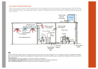 Central Air ConditioningSystems
There are two types of central air conditioning systems: Direct Expansion (DX) type of central air conditioning plants and Chilled Water
type. In the DX system, the air used to cool the room or space is directly passed over the cooling coil of the refrigeration plant. In the case
of the chilled water system, the refrigeration system is used first to chill the water, which is then used to chill the air used for cooling the
rooms or spaces.
A Direct Expansion (DX) central air conditioning plant cools spaces by using refrigerant in the cooling coil of the air handling unit (AHU).
Here, the air is directly chilled by the refrigerant, making the system efficient for smaller areas or single-floor buildings. The system consists of
three main parts:
1.Plant Room: Houses the compressor and other mechanical components.
2.Air Handling Unit (AHU) Room: Contains the cooling coils and fans to distribute chilled air.
3.Air Conditioned Room: The space where the cooled air is delivered and used.
DX
 
