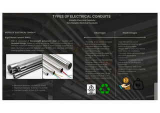 TYPES OF ELECTRICAL CONDUITS
Metallic Electrical Conduits
Non Metallic Electrical Conduits
METALLIC ELECTRICAL CONDUIT
Rigid Metal Conduit (RMC):
RMC is composed of heavyweight galvanized steel and installed with
threaded fittings. Known for being very strong, RMC is unfortunately one of
the more expensive electrical conduits when it comes to both materials and
labor. Aluminum is another material used for RMC, and may have additional
coating applied to better resist corrosion
Advantages Disadvantages
·Durability: It can withstand impact
and extreme temperatures.
·Corrosion Resistance: ideal for
environments with moisture or
cleaning chemicals.
·Fire Safety: Excellent fire safety by
protecting the wiring from fire
hazards.
·Electromagnetic Interference (EMI)
Shielding: Metal conduits can
shield sensitive circuits from
electromagnetic interference.
·Recyclability: Rigid metal conduits
are recyclable.
·Ease of Installation: RMC can be
easily cut and fabricated to fit
specific installation requirements.
·Cost: The upfront cost of
purchasing and installing rigid
metal conduits is higher.
·Weight: RMC is which may require
more labour for installation.
·Corrosion Issues: galvanized steel
can rust if not properly
maintained.
·Installation Complexity: require
special tools for bending and
installation.
·Limited Flexibility: RMC is not
designed for applications requiring
frequent movement or
adjustments.
Minimum Diameter: 1/2 inch (12.7 mm)
Maximum Diameter: 6 inches (152.4 mm)
Standard Length: 10 feet (3.05 meters)
 
