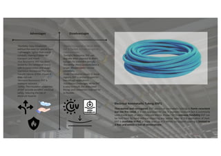 ·Flexibility: Easy installation
without the need for special tools.
·Lightweight: lighter than metal
conduits, making it easier to
transport and install.
·Fire Resistance: ENT has been
tested for fire resistance and is
safe in construction and usage.
·Corrosion Resistance: The non-
metallic nature of ENT means it
does not rust.
·Moisture Resistance: ENT is
moisture resistant.
·Safety: The insulation properties
of ENT provide excellent electrical
safety, reducing the risk of
electrical hazards.
·Rigidity Compared to Metal: While
ENT is flexible, it is not as rigid as
metal conduits.
·Sunlight Resistance: ENT can
degrade when exposed to direct
sunlight for extended periods.
·Durability: Metal conduits have a
longer lifespan under normal
conditions.
·Code Compliance Issues: In some
regions, ENT is primarily used for
low-voltage applications.
·Installation Challenges: While ENT
is easy to install, the associated
fittings and connectors may not be
as flexible.
Electrical Nonmetallic Tubing (ENT):
Thin-walled and corrugated, ENT (electrical nonmetallic tubing) is flame retardant
but not fire rated. It is not approved for use in exposed locations but is commonly
used inside walls or within concrete blocks. Known for its extreme flexibility ENT can
be field bent by hand without requiring any special tools or the application of heat.
ENT is available in PVC in trade sizes up to 2 inches. Its support spacing is limited to
3 feet and within 3 feet of terminations.
Advantages Disadvantages
 