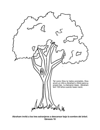 Abraham invitó a los tres extranjeros a descansar bajo la sombre del árbol.
Génesis 18
Tal como Dios le había prometido, Dios
envió un niño a Abraham y SArá para su
propio hijo. Lo llamaron Isaac. Abraham
tení 100 años cuando Isaac nació.
 