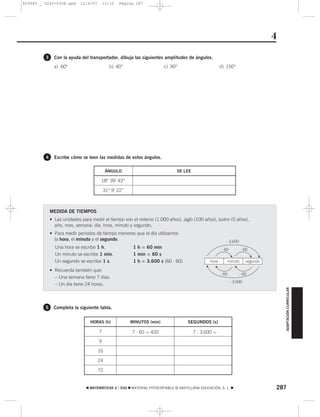 829485 _ 0243-0308.qxd      12/9/07       15:10   Página 287




                                                                                                                                       4
         3     Con la ayuda del transportador, dibuja las siguientes amplitudes de ángulos.
               a) 60°                        b) 40°                    c) 90°                           d) 150°




         4     Escribe cómo se leen las medidas de estos ángulos.

                                           ÁNGULO                             SE LEE

                                       18° 39’ 43”

                                          31° 9’ 22”



             MEDIDA DE TIEMPOS
             • Las unidades para medir el tiempo son el milenio (1.000 años), siglo (100 años), lustro (5 años),
               año, mes, semana, día, hora, minuto y segundo.
             • Para medir períodos de tiempo menores que el día utilizamos
               la hora, el minuto y el segundo.                                                            ⋅ 3.600
               Una hora se escribe 1 h.                 1 h = 60 min                                    ⋅ 60            ⋅ 60
               Un minuto se escribe 1 min.              1 min = 60 s                                                               F
                                                                                                               F




                                                                                                                               F




               Un segundo se escribe 1 s.               1 h = 3.600 s (60 ⋅ 60)                  hora          minuto      segundo
                                                                                             F


                                                                                                   F




                                                                                                                   F




             • Recuerda también que:
                                                                                                        : 60            : 60
               – Una semana tiene 7 días.
                                                                                                                : 3.600
               – Un día tiene 24 horas.
                                                                                                                                           ADAPTACIÓN CURRICULAR




         5     Completa la siguiente tabla.

                                 HORAS (h)             MINUTOS (min)                SEGUNDOS (s)

                                      7                7 ⋅ 60 = 420                    7 ⋅ 3.600 =
                                      9

                                      16

                                      24

                                      72


                               ࡯ MATEMÁTICAS 2.° ESO ࡯ MATERIAL FOTOCOPIABLE © SANTILLANA EDUCACIÓN, S. L. ࡯                           287
 