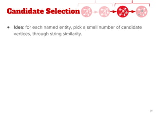 Candidate Selection
● Idea: for each named entity, pick a small number of candidate
vertices, through string similarity.
28
 