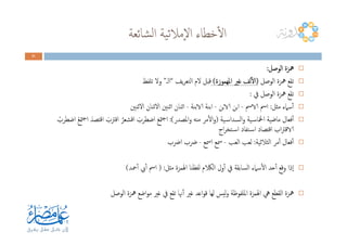 ‫ﺸﺎﺋﻌﺔ‬‫ﻟ‬‫ا‬ ‫ﻴﺔ‬‫ﺋ‬‫ٕﻣﻼ‬‫ﻻ‬‫ا‬ ‫ﺧﻄﺎء‬ٔ‫ﻻ‬‫ا‬
33331111
‫اﻟﻮﺻﻞ‬ ‫ﺰة‬‫اﻟﻮﺻﻞ‬ ‫ﺰة‬‫اﻟﻮﺻﻞ‬ ‫ﺰة‬‫اﻟﻮﺻﻞ‬ ‫ﳘﺰة‬‫ﳘ‬‫ﳘ‬‫ﳘ‬::::
‫اﻟﻮﺻﻞ‬ ‫ﳘﺰة‬ ‫ﺗﻘﻊ‬))))‫اﳌﻬﻤﻮزة‬ ‫ﻏﲑ‬ ‫ﻟﻒ‬ٔ‫ﻻ‬‫ا‬‫اﳌﻬﻤﻮزة‬ ‫ﻏﲑ‬ ‫ﻟﻒ‬ٔ‫ﻻ‬‫ا‬‫اﳌﻬﻤﻮزة‬ ‫ﻏﲑ‬ ‫ﻟﻒ‬ٔ‫ﻻ‬‫ا‬‫اﳌﻬﻤﻮزة‬ ‫ﻏﲑ‬ ‫ﻟﻒ‬ٔ‫ﻻ‬‫ا‬((((‫ﻳﻒ‬‫ﺮ‬‫اﻟﺘﻌ‬ ‫ﻻم‬ ‫ﻗﺒﻞ‬“‫اﻟـ‬”‫ﺗﻠﻔﻆ‬ ‫وﻻ‬
‫ﰲ‬ ‫اﻟﻮﺻﻞ‬ ‫ﳘﺰة‬ ‫ﺗﻘﻊ‬:
‫ﻣﺜﻞ‬ ‫ﺳﲈء‬ٔ‫ا‬:‫الاﰟ‬ ‫اﰟ‬-‫الاﺑﻦ‬ ‫اﺑﻦ‬-‫الاﺑﻨﺔ‬ ‫اﺑﻨﺔ‬-‫اﻻﺛﻨﲔ‬ ‫اﻻﺛﻨﺎن‬ ‫اﺛﻨﲔ‬ ‫اﺛﻨﺎن‬
‫ـﻴﺔ‬‫ﺳ‬‫اﻟﺴﺪا‬‫و‬ ‫ـﻴﺔ‬‫ﺳ‬‫اﶆﺎ‬ ‫ﻣﺎﺿﻴﺔ‬ ‫ﻓﻌﺎل‬ٔ‫ا‬)‫اﳌﺼﺪر‬‫و‬ ‫ﻣﻨﻪ‬ ‫ﻣﺮ‬ٔ‫ﻻ‬‫ا‬‫و‬:(ْ‫اﺿﻄﺮب‬ ْ‫ﻊ‬‫ﳣ‬‫ﺟ‬‫ا‬ َ‫اﻗﺘﺼﺪ‬ َ‫اﻗﱰب‬ َّ‫اﻗﺸﻌﺮ‬ َ‫اﺿﻄﺮب‬ َ‫ﻊ‬‫ﳣ‬‫ﺟ‬‫ا‬ ‫ـﻴﺔ‬‫ﺳ‬‫اﻟﺴﺪا‬‫و‬ ‫ـﻴﺔ‬‫ﺳ‬‫اﶆﺎ‬ ‫ﻣﺎﺿﻴﺔ‬ ‫ﻓﻌﺎل‬ٔ‫ا‬)‫اﳌﺼﺪر‬‫و‬ ‫ﻣﻨﻪ‬ ‫ﻣﺮ‬ٔ‫ﻻ‬‫ا‬‫و‬:(ْ‫اﺿﻄﺮب‬ ْ‫ﻊ‬‫ﳣ‬‫ﺟ‬‫ا‬ َ‫اﻗﺘﺼﺪ‬ َ‫اﻗﱰب‬ َّ‫اﻗﺸﻌﺮ‬ َ‫اﺿﻄﺮب‬ َ‫ﻊ‬‫ﳣ‬‫ﺟ‬‫ا‬
‫اج‬‫ﺮ‬‫ـﺘﺨ‬‫ﺳ‬‫ا‬ ‫ـﺘﻔﺎد‬‫ﺳ‬‫ا‬ ‫اﻗﺘﺼﺎد‬ ‫اب‬‫ﱰ‬‫الاﻗ‬
‫اﻟﺜﻼﺛﻴﺔ‬ ‫ﻣﺮ‬ٔ‫ا‬ ‫ﻓﻌﺎل‬ٔ‫ا‬:‫اﻟﻌﺐ‬ ‫ﻟﻌﺐ‬-‫اﲰﻊ‬ ‫ﲰﻊ‬-‫اﴐب‬ ‫ﴐب‬
‫ﻣﺜﻞ‬ ‫اﳍﻤﺰة‬ ‫ﻟﻔﻈﻨﺎ‬ ‫اﻟالكم‬ ‫ول‬ٔ‫ا‬ ‫ﰲ‬ ‫اﻟﺴﺎﺑﻘﺔ‬ ‫ﺳﲈء‬ٔ‫ﻻ‬‫ا‬ ‫ﺣﺪ‬ٔ‫ا‬ ‫وﻗﻊ‬ ‫ٕذا‬‫ا‬) :‫ﲪﺪ‬ٔ‫ا‬ ‫ﰊ‬ٔ‫ا‬ ‫اﰟ‬(
‫اﻟﻮﺻﻞ‬ ‫ﳘﺰة‬ ‫اﺿﻊ‬‫ﻮ‬‫ﻣ‬ ‫ﻏﲑ‬ ‫ﰲ‬ ‫ﺗﻘﻊ‬ ‫ﳖﺎ‬ٔ‫ا‬ ‫ﻏﲑ‬ ‫اﻋﺪ‬‫ﻮ‬‫ﻗ‬ ‫ﻟﻬﺎ‬ ‫ﻟﻴﺲ‬‫و‬ ‫اﳌﻠﻔﻮﻇﺔ‬ ‫اﳍﻤﺰة‬ ‫ﱔ‬ ‫اﻟﻘﻄﻊ‬ ‫ﳘﺰة‬
 