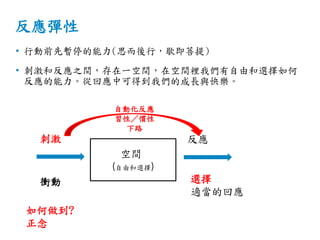 反應彈性
• 行動前先暫停的能力(思而後行，歇即菩提)
• 刺激和反應之間，存在一空間，在空間裡我們有自由和選擇如何
反應的能力。從回應中可得到我們的成長與快樂。
刺激 反應
空間
(自由和選擇)
衝動 選擇
適當的回應
自動化反應
習性／慣性
下路
如何做到?
正念
 