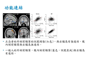 功能連結
• 正念者的外側前額葉的訊號增強(紅色)，與右腦島有強連結。腹
內側前額葉與右腦島無連結。
• 一般人的外側前額葉，腹內側前額葉(藍色，訊號衰減)與右腦島
有連結。
 