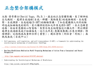 大衛 偉哥博士(David Vago, Ph.D.)，提出的正念整體架構，來了解神經
生化機制 - 處理自我過程(自我，群體，萬物萬象)的複雜機制。自我覺
察，自我調節，自我超越(S-ART)的驗驗架構，了知在建構個人內外經驗
時造成扭曲偏見的制約，有六種神經認知元件來支持S-ART ，在正念練習
培養，經由有意圖的心智策略，來整合及互相增強這六種元件，用以調節
處理自我過程及減少扭曲偏見。這六元件是:意圖及動機;注意力調節; 情
緒調節; 記憶熄滅及重新合併（重整）; 親社會性（利社會，利他）; 無
執及無我（自我中心）
• Self-awareness, self-regulation, and self-transcendence (S-ART): a framework for understanding the
neurobiological mechanisms of mindfulness，David Vago
http://journal.frontiersin.org/Journal/10.3389/fnhum.2012.00296/abstract
• How Does Mindfulness Meditation Work? Proposing Mechanisms of Action From a Conceptual and Neural
Perspective
http://pps.sagepub.com/content/6/6/537.abstract
• Understanding the Neurobiological Mechanisms of Mindfulness
https://www.youtube.com/watch?v=WPHgxYkgDbk
正念整合架構模式
 