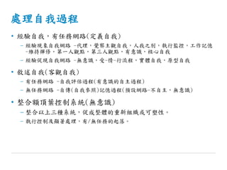 處理自我過程
• 經驗自我，有任務網路(定義自我)
– 經驗現象自我網路 -代理，覺察主觀自我，人我之別，執行監控，工作記憶
-維持禪修，第一人觀點，第三人觀點，有意識，核心自我
– 經驗促現自我網路 -無意識，受-情-行流程，實體自我，原型自我
• 敘述自我(客觀自我)
– 有任務網路 -自我評估過程(有意識的自主過程)
– 無任務網路 -自傳(自我參照)記憶過程(預設網路-不自主，無意識)
• 整合額頂葉控制系統(無意識)
– 整合以上三種系統，促成整體的重新組織或可塑性。
– 執行控制及顯著處理，有/無任務的起落。
 