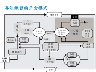 專注練習的正念模式
意圖&
動機
練習指引
專注力
工作
記憶
平穩
的心
導
向
入
(作意)
離
(不作意)
反應
抑制
情緒
調節
無執
無我
努力
運動學習
執行
監控
(後設覺察)
清明
分心
心思
增生
情意
反應
+-0
事件&
程序
記憶
意圖目標
(呼吸)
非意圖目標
(覺受或心
智事件)
等持
習慣
 