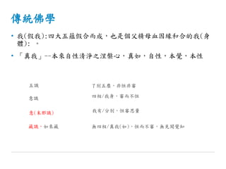 傳統佛學
• 我(假我):四大五蘊假合而成，也是個父精母血因緣和合的我(身
體): 。
• 「真我」--本來自性清淨之涅槃心，真如，自性，本覺，本性
意識
藏識，如來藏
四相/我身，審而不恒
無四相/真我(如)，恒而不審，無見聞覺知
意(末那識) 我有/分別，恒審思量
五識 了別五塵，非恒非審
 