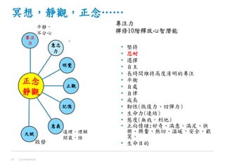 冥想，靜觀，正念……
• 堅持
• 忍耐
• 選擇
• 自主
• 長時間維持高度清明的專注
• 平衡
• 自處
• 自律
• 成長
• 靭性(恢復力、回彈力)
• 生命力(連結)
• 態度(無我，利他)
• 正向情緒:好奇、滿意，滿足、快
樂、興奮、熱切、溫暖，安全、歡
笑。
• 生命目的
Confidential38
專注力
禪修10階釋放心智潛能
意志
力
明覺
止觀
記憶
意義
正念
靜觀
平靜，
不分心
。
道理，理解
開竅，悟
天賦
啟發
 