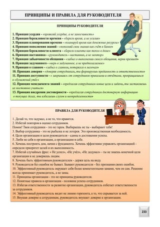 ПРИНЦИПЫ И ПРАВИЛА ДЛЯ РУКОВОДИТЕЛЯ
ПРИНЦИПЫ РУКОВОДИТЕЛЯ
1. Принцип усердия - «проявляй усердие, а не заносчивость»
2. Принцип бережливости времени - «береги время, а не усилия»
3. Принцип планирования времени - «планируй время как денежные ресурсы»
4. Принцип пополнения знаний - «пополняй свои знания как счёт в банке»
5. Принцип бережливости клиента - «береги клиента как тепло в доме»
6. Принцип наставника - «руководитель - наставник, а не ментор»
7. Принцип забывчивости обещания - «забыл о выполнении своего обещания, верни премией»
8. Принцип задуманного - «верь в задуманное, а не предполагаемое»
9. Принцип о главном - «забыл о главном, потерялся в мелочах»
10. Принцип доверия - «доверяя сотрудникам, ты формируешь преданность и ответственность»
11. Принцип доступности - « закрываясь от сотрудников приказами и отчётами, превращаешься
в «бумажный утёс»
12. Принцип менеджмента знаний - «предлагая сотрудникам новые цели и задачи, ты заставляешь
их постоянно учиться»
13. Принцип внедрения достоверности - «предлагая сотрудникам достоверную информацию
о текущих делах, ты избегаешь слухов и неопределенности»
ПРАВИЛА ДЛЯ РУКОВОДИТЕЛЯ
1. Делай то, что задумал, а не то, что нравится.
2. Избегай повторов в оценке сотрудников.
Помни! Твои сотрудники - это не гарем. Выбираешь не ты - выбирают тебя!
3. Выбор сотрудника - это не рыбалка и не лотерея. Это производственная необходимость.
4. Цели организации и цели руководителя - едины в достижении успеха.
5. Люби не себя в организации, а организацию в себе.
6. Хочешь построить дом, начни с фундамента. Хочешь эффективно управлять организацией -
определи приоритет целей и их выполнимость.
7. Избегай случайных фраз: « Не успел», «Не учёл», «Не додумал» - ты не знаешь конечной цели
организации и не доверяешь людям.
8. Хочешь быть эффективным руководителем - держи цель на виду.
9. Руководителя без ошибок не бывает. Бывают руководители - без признания своих ошибок.
10. Эффективный руководитель окружает себя более компетентными замами, чем он сам. Решение
всегда принимает руководитель, а не замы.
11. Принципы организации - это не принципы руководителя.
12. Понятные правила в организации - половина успеха сотрудников.
13. Избегая ответственности за развитие организации, руководитель избегает ответственности
за сотрудников.
14. Эффективный руководитель видит не линию горизонта, а то, что скрывается за ней.
15. Внушая доверие к сотрудникам, руководитель внушает доверие к организации.
233
 