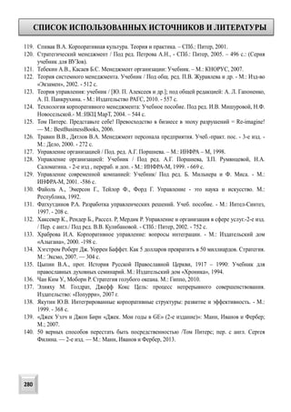 СПИСОК ИСПОЛЬЗОВАННЫХ ИСТОЧНИКОВ И ЛИТЕРАТУРЫ
280
119. Спивак В.А. Корпоративная культура. Теория и практика. – СПб.: Питер, 2001.
120. Стратегический менеджмент / Под ред. Петрова А.Н., - СПб.: Питер, 2005. – 496 с.: (Серия
учебник для ВУЗов).
121. Тебекин А.В., Касаев Б.С. Менеджмент организации: Учебник. – М.: КНОРУС, 2007.
122. Теория системного менеджмента. Учебник / Под общ. ред. П.В. Журавлева и др. - М.: Изд-во
«Экзамен», 2002. - 512 с.
123. Теория управления: учебник / [Ю. П. Алексеев и др.]; под общей редакцией: А. Л. Гапоненко,
А. П. Панкрухина. - М.: Издательство РАГС, 2010. - 557 с.
124. Технология корпоративного менеджмента: Учебное пособие. Под ред. И.В. Мишуровой, Н.Ф.
Новосельской.- М.:ИКЦ МарТ, 2004. – 544 с.
125. Том Питерс. Представьте себе! Превосходство в бизнесе в эпоху разрушений = Re-imagine!
— М.: BestBusinessBooks, 2006.
126. Травин В.В., Дятлов В.А. Менеджмент персонала предприятия. Учеб.-практ. пос. - 3-е изд. -
М.: Дело, 2000. - 272 с.
127. Управление организацией / Под. ред. А.Г. Поршнева. – М.: ИНФРА – М, 1998.
128. Управление организацией: Учебник / Под ред. А.Г. Поршнева, З.П. Румянцевой, Н.А.
Саломатина. - 2-е изд , перераб. и доп. - М.: ИНФРА-М, 1999. - 669 с.
129. Управление современной компанией: Учебник/ Под ред. Б. Мильнера и Ф. Миса. - М.:
ИНФРА-М, 2001. -586 с.
130. Файоль А., Эмерсон Г., Тейлор Ф., Форд Г. Управление - это наука и искусство. М.:
Республика, 1992.
131. Фатхутдинов Р.А. Разработка управленческих решений. Учеб. пособие. - М.: Интел-Синтез,
1997. - 208 с.
132. Хаксевер К., Рендер Б., Рассел. Р, Мердик Р. Управление и организация в сфере услуг.-2-е изд.
/ Пер. с англ./ Под ред. В.В. Кулибановой. - СПб.: Питер, 2002. - 752 с.
133. Храброва И.А. Корпоративное управление: вопросы интеграции. - М.: Издательский дом
«Алыгана», 2000. -198 с.
134. Хэгстром Роберт Дж. Уоррен Баффет. Как 5 долларов превратить в 50 миллиардов. Стратегия.
М.: Эксмо, 2007. — 304 с.
135. Цыпин В.А., прот. История Русской Православной Церкви, 1917 – 1990: Учебник для
православных духовных семинарий. М.: Издательский дом «Хроника», 1994.
136. Чан Ким У., Моборн Р. Стратегия голубого океана. М.: Гиппо, 2010.
137. Элияху М. Голдрат, Джефф Кокс Цель: процесс непрерывного совершенствования.
Издательство: «Попурри», 2007 г.
138. Якутин Ю.В. Интегрированные корпоративные структуры: развитие и эффективность. - М.:
1999. - 368 с.
139. «Джек Уэлч и Джон Бирн «Джек. Мои годы в GE» (2-е издание)»: Манн, Иванов и Фербер;
М.; 2007.
140. 50 верных способов перестать быть посредственностью /Том Питерс; пер. с англ. Сергея
Филина. — 2-е изд. — М.: Манн, Иванов и Фербер, 2013.
 