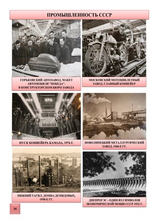 ГОРЬКОВСКИЙ АВТОЗАВОД. МАКЕТ
АВТОМОБИЛЯ "ПОБЕДА".
В КОНСТРУКТОРСКОМ БЮРО ЗАВОДА
МОСКОВСКИЙ МОТОЦИКЛЕТНЫЙ
ЗАВОД. ГЛАВНЫЙ КОНВЕЙЕР
ПУСК КОНВЕЙЕРА КАМАЗА, 1976 Г. НОВОЛИПЕЦКИЙ МЕТАЛЛУРГИЧЕСКИЙ
ЗАВОД, 1960-Е ГГ.
НИЖНИЙ ТАГИЛ. ДОМНА ДЕМИДОВЫХ,
1950-Е ГГ.
ПРОМЫШЛЕННОСТЬ СССР
ДНЕПРОГЭС - ОДИН ИЗ СИМВОЛОВ
ЭКОНОМИЧЕСКОЙ МОЩИ СССР 1932 Г.
74
 