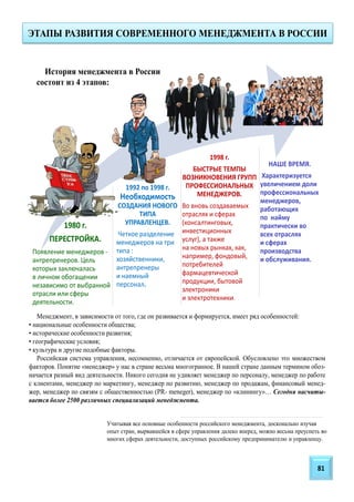 История менеджмента в России
состоит из 4 этапов:
1980 г.
ПЕРЕСТРОЙКА.
Появление менеджеров -
антрепренеров. Цель
которых заключалась
в личном обогащении
независимо от выбранной
отрасли или сферы
деятельности.
1992 по 1998 г.
Необходимость
СОЗДАНИЯ НОВОГО
ТИПА
УПРАВЛЕНЦЕВ.
Четкое разделение
менеджеров на три
типа :
хозяйственники,
антрепренеры
и наемный
персонал.
1998 г.
БЫСТРЫЕ ТЕМПЫ
ВОЗНИКНОВЕНИЯ ГРУПП
ПРОФЕССИОНАЛЬНЫХ
МЕНЕДЖЕРОВ.
Во вновь создаваемых
отраслях и сферах
(консалтинговых,
инвестиционных
услуг), а также
на новых рынках, как,
например, фондовый,
потребителей
фармацевтической
продукции, бытовой
электроники
и электротехники.
НАШЕ ВРЕМЯ.
Характеризуется
увеличением доли
профессиональных
менеджеров,
работающих
по найму
практически во
всех отраслях
и сферах
производства
и обслуживания.
Учитывая все основные особенности российского менеджмента, досконально изучая
опыт стран, вырвавшейся в сфере управления далеко вперед, можно весьма преуспеть во
многих сферах деятельности, доступных российскому предпринимателю и управленцу.
Менеджмент, в зависимости от того, где он развивается и формируется, имеет ряд особенностей:
• национальные особенности общества;
• исторические особенности развития;
• географические условия;
• культура и другие подобные факторы.
Российская система управления, несомненно, отличается от европейской. Обусловлено это множеством
факторов. Понятие «менеджер» у нас в стране весьма многогранное. В нашей стране данным термином обоз-
начается разный вид деятельности. Никого сегодня не удивляет менеджер по персоналу, менеджер по работе
с клиентами, менеджер по маркетингу, менеджер по развитию, менеджер по продажам, финансовый менед-
жер, менеджер по связям с общественностью (PR- meneger), менеджер по «клинингу»… Сегодня насчиты-
вается более 2500 различных специализаций менеджмента.
ЭТАПЫ РАЗВИТИЯ СОВРЕМЕННОГО МЕНЕДЖМЕНТА В РОССИИ
81
 