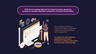 Slow response times can
lead to frustration, negatively
impacting user experience
and engagement.
To strike the right balance,
optimizing the search
function to deliver both quick
and accurate results is key.
With the increasing demand for instant answers, speed has
become an equally important component of search functionality.
 