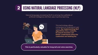 This technology allows
computers to understand user
intent. By implementing NLP
algorithms into a website,
its search function can
better understand what the
customers are looking for.
Natural language processing (NLP) is among the subﬁelds of
artiﬁcial intelligence (AI) that uses machine learning.
USING NATURAL LANGUAGE PROCESSING (NLP)
2
This is particularly valuable for long-tail and voice searches.
 