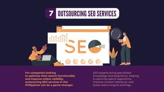 SEO experts bring specialized
knowledge and experience, helping
to optimize search algorithms,
improve content relevance, and
boost search engine rankings.
For companies looking
to optimize their search functionality
and improve online visibility,
outsourcing SEO services in the
Philippines can be a game-changer.
OUTSOURCING SEO SERVICES
7
 