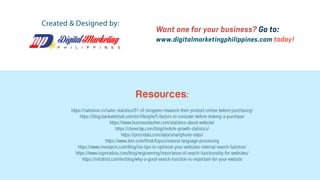 Want one for your business? Go to:
www.digitalmarketingphilippines.com today!
Created & Designed by:
Resources:
https://saleslion.io/sales-statistics/81-of-shoppers-research-their-product-online-before-purchasing/
https://blog.bankaletihad.com/en/lifestyle/5-factors-to-consider-before-making-a-purchase/
https://www.businessdasher.com/statistics-about-website/
https://clevertap.com/blog/mobile-growth-statistics/
https://prioridata.com/data/smartphone-stats/
https://www.ibm.com/think/topics/natural-language-processing
https://www.invespcro.com/blog/six-tips-to-optimize-your-websites-internal-search-function/
https://www.loginradius.com/blog/engineering/importance-of-search-functionality-for-websites/
https://intrafind.com/en/blog/why-a-good-search-function-is-important-for-your-website
 