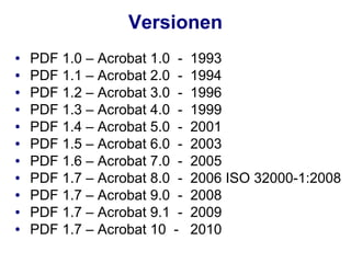Versionen
●   PDF 1.0 – Acrobat 1.0 -   1993
●   PDF 1.1 – Acrobat 2.0 -   1994
●   PDF 1.2 – Acrobat 3.0 -   1996
●   PDF 1.3 – Acrobat 4.0 -   1999
●   PDF 1.4 – Acrobat 5.0 -   2001
●   PDF 1.5 – Acrobat 6.0 -   2003
●   PDF 1.6 – Acrobat 7.0 -   2005
●   PDF 1.7 – Acrobat 8.0 -   2006 ISO 32000-1:2008
●   PDF 1.7 – Acrobat 9.0 -   2008
●   PDF 1.7 – Acrobat 9.1 -   2009
●   PDF 1.7 – Acrobat 10 -    2010
 