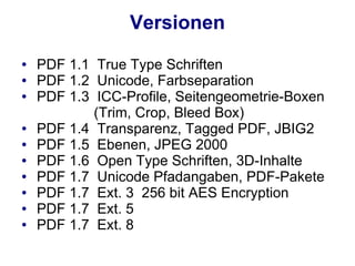 Versionen
●   PDF 1.1 True Type Schriften
●   PDF 1.2 Unicode, Farbseparation
●   PDF 1.3 ICC-Profile, Seitengeometrie-Boxen
            (Trim, Crop, Bleed Box)
●   PDF 1.4 Transparenz, Tagged PDF, JBIG2
●   PDF 1.5 Ebenen, JPEG 2000
●   PDF 1.6 Open Type Schriften, 3D-Inhalte
●   PDF 1.7 Unicode Pfadangaben, PDF-Pakete
●   PDF 1.7 Ext. 3 256 bit AES Encryption
●   PDF 1.7 Ext. 5
●   PDF 1.7 Ext. 8
 