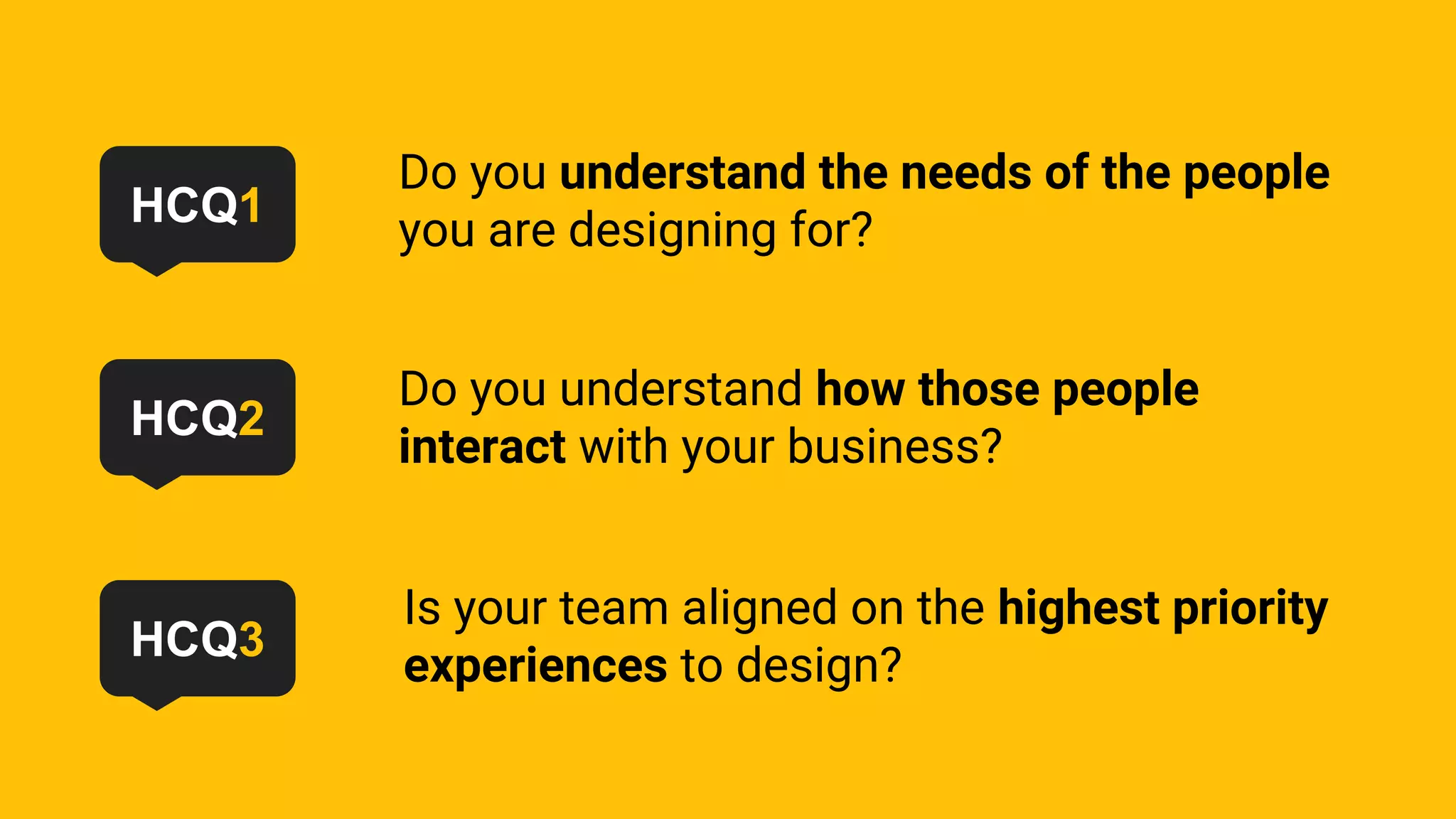 Do you understand the needs of the people
you are designing for?
Do you understand how those people
interact with your business?
Is your team aligned on the highest priority
experiences to design?
HCQ1
HCQ2
HCQ3
 