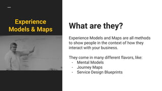 What are they?
Experience Models and Maps are all methods
to show people in the context of how they
interact with your business.
They come in many different flavors, like:
- Mental Models
- Journey Maps
- Service Design Blueprints
Experience
Models & Maps
 