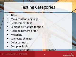 Testing Categories
           •       Titles
           •       Main content language
           •       Replacement text
...