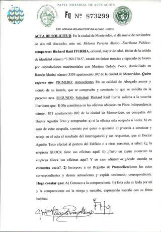 •
•
PAPEL NOTARIAL DE ACTUACIÓN
Fq N:' 873299
Ese. ADRIANA MELANIA PEREYRA ALONSO - 10377/3
ACTA DE SOLICITUD. En la ciuda...