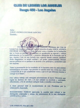 Carta agradecimiento a Jorge Andrés Escobar del Pdte Club de Leones L.A. Chile Patricio Bahamondes QEPD