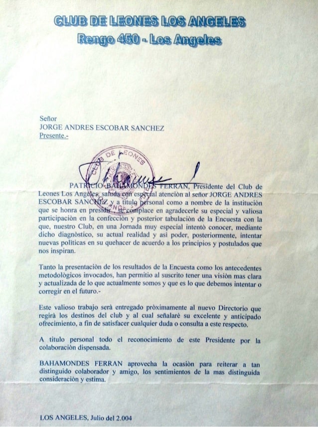 Carta agradecimiento a Jorge Andrés Escobar del Pdte Club de Leones L…