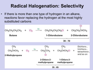 Radical Halogenation: Selectivity
• If there is more than one type of hydrogen in an alkane,
reactions favor replacing the hydrogen at the most highly
substituted carbons
 