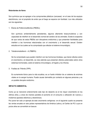 50
Retardantes de llama
Son químicos que se agregan a los componentes plásticos (carcasas) en el caso de los equipos
electrónicos, con el propósito de evitar que el fuego se esparza con facilidad. Los más utilizados
son los siguientes:
1. Éteres de Polibromodifenilos (PBDEs)
Son químicos ambientalmente persistentes, algunos altamente bioacumulativos y con
capacidad de interferir en el desarrollo normal del cerebro de los animales. Existe la sospecha
de que varios de estos PBDSs son disruptores endócrinos y que presentan facilidades para
interferir a las hormonas relacionadas con el crecimiento y el desarrollo sexual. Existen
estudios en los cuales se ha comprobado que afectan al sistema inmunológico.
2. Tetrabromobisfenol – A (TBBPA)
Se ha comprobado que pueden interferir con las hormonas tiroideas, que tienen efectos sobre
el crecimiento y el desarrollo, se cree además que presentan efectos potenciales sobre otros
sistemas hormonales, sobre el sistema inmunológico, el hígado y los riñones.
3. Fosfato de Trifenilo (TPP)
Es sumamente tóxico para la vida acuática, es un fuerte inhibidor de un sistema de enzimas
vitales en la sangre humana. Puede causar dermatitis por contacto en algunas personas y es
un posible disruptor endócrino.
IMPACTO AMBIENTAL
Como ya se mencionó anteriormente este tipo de desecho es el de mayor crecimiento en los
últimos años, y crece de manera paralela al aumento en el consumo o utilización de nuevos y
modernos aparatos eléctricos y electrónicos.
Por poner tan solo un ejemplo de este crecimiento vertiginoso en el siguiente cuadro se presenta
las ventas anuales en seis países representativos de América Latina y el Caribe de PC´s que en
pocos años se convertirán en basura:
 