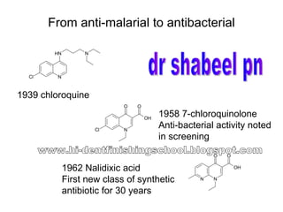 From anti-malarial to antibacterial 1939 chloroquine 1958 7-chloroquinolone Anti-bacterial activity noted in screening 1962 Nalidixic acid First new class of synthetic antibiotic for 30 years dr shabeel pn www.hi-dentfinishingschool.blogspot.com 
