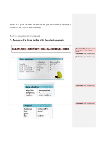 board as a guide for them. The teacher will give the students a pendrive to
download the charts in their notebooks.
The three tables (pendrive/notebook):
1- Complete the three tables with the missing words:
CLEAN -NICE - FRIENDLY - BIG - DANGEROUS - GOOD Comentario [A5]: The options should
be the adjective in their comparative
forms.
Con formato: Inglés (Estados Unidos)
Con formato: Inglés (Estados Unidos)
Con formato: Inglés (Estados Unidos)
Con formato: Inglés (Estados Unidos)
 