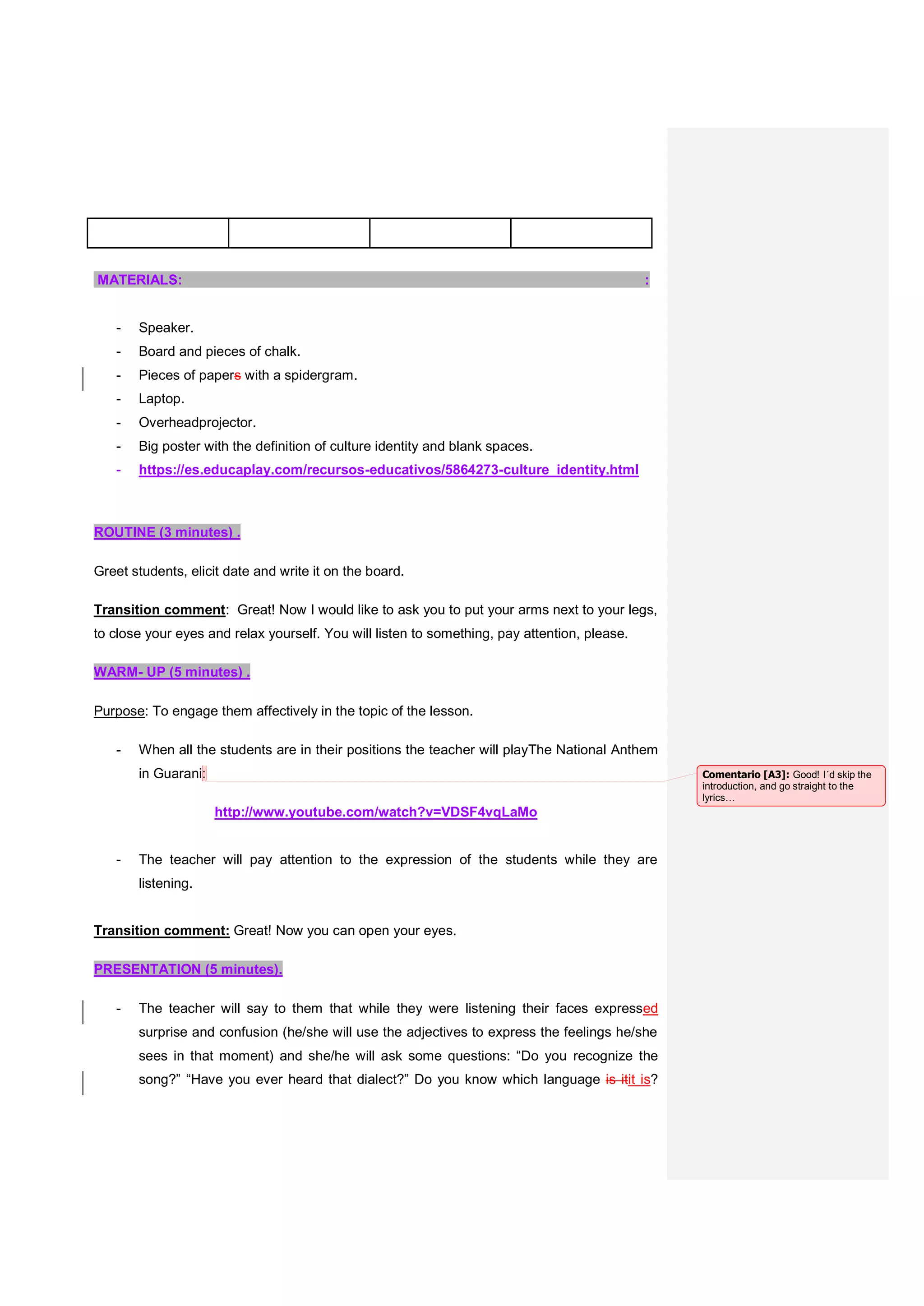 MATERIALS: :
- Speaker.
- Board and pieces of chalk.
- Pieces of papers with a spidergram.
- Laptop.
- Overheadprojector.
- Big poster with the definition of culture identity and blank spaces.
- https://es.educaplay.com/recursos-educativos/5864273-culture_identity.html
ROUTINE (3 minutes) .
Greet students, elicit date and write it on the board.
Transition comment: Great! Now I would like to ask you to put your arms next to your legs,
to close your eyes and relax yourself. You will listen to something, pay attention, please.
WARM- UP (5 minutes) .
Purpose: To engage them affectively in the topic of the lesson.
- When all the students are in their positions the teacher will playThe National Anthem
in Guarani:
http://www.youtube.com/watch?v=VDSF4vqLaMo
- The teacher will pay attention to the expression of the students while they are
listening.
Transition comment: Great! Now you can open your eyes.
PRESENTATION (5 minutes).
- The teacher will say to them that while they were listening their faces expressed
surprise and confusion (he/she will use the adjectives to express the feelings he/she
sees in that moment) and she/he will ask some questions: “Do you recognize the
song?” “Have you ever heard that dialect?” Do you know which language is itit is?
Comentario [A3]: Good! I´d skip the
introduction, and go straight to the
lyrics…
 
