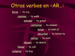 Otros verbos en –AR…:
llorar - to cry
    caminar - to walk
          saludar - to greet
                  contestar - to answer
                        mirar - to look at
                        escuchar - to listen to
                  visitar - to visit
          desear - to desire
    llamar - to call
comprar - to buy
                                             10
 