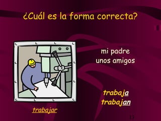 ¿Cuál es la forma correcta?


                  mi padre
                 unos amigos



                   trabaja
                  trabajan
  trabajar
                          13
 