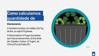 Giphy.com
Como calculamos
aquantidade de
lixo?Diariamente
O brasileiro produz, em média,0,67 kg
de lixo, ou seja 670 gramas.
O Brasil está em 4ºlugar dos países
que mais produzem lixo, só ﬁca atrás
dos Estados Unidos (1º lugar), da
China (2º)e da Índia (3º).
 