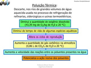 Disciplina: Poluição Ambiental


                       Poluição Térmica:
       Descarte, nos rios de grandes volumes de água
       aquecida usada no processo de refrigeração de
       refinarias, siderúrgicas e usinas termoelétricas.
             Diminui a quantidade de oxigênio dissolvido
                (43,39 mg de O2/kg de H20 a 20 °C)

      Diminui do tempo de vida de algumas espécies aquáticas

                    Altera os ciclos de reprodução

        Aumenta a quantidade de gás carbônico na atmosfera
                 (0,86 L de CO2/L de H2O a 20 °C)

Aumenta a velocidade das reações entre os poluentes presentes na água

               Potencializa a ação nociva dos poluentes

                           Professora Miriam Amorim
                             Engenharia Ambiental
 