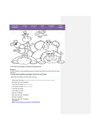 T: Let’s see! Your paintings are beautiful! Very good work!
Closure 4’:
I’ll invite students to sing a goodbye song and use body movements and mimes when the song
asks them.
T: Let’s go sing the goodbye song children. See you the next Tuesday.
Bye Bye Goodbye Lyrics and Actions
♫ Bye bye. Goodbye. [Wave with one hand, then the other hand, then with both hands.]
Bye, bye, bye, bye. Goodbye.
I can clap my hands. [Clap your hands.]
I can stamp my feet. [Stamp your feet.]
I can clap my hands.
I can stamp my feet.
Bye bye. Goodbye.
Bye, bye, bye, bye. Goodbye.
Bye bye. Goodbye.
Bye, bye, bye, bye. Goodbye.
GOODBYE!
https://www.youtube.com/watch?v=PraN5ZoSjiY
Lesson plan
component
Excellent
5
Very Good
4
Good
3
Acceptable
2
Below
Standard
1
 