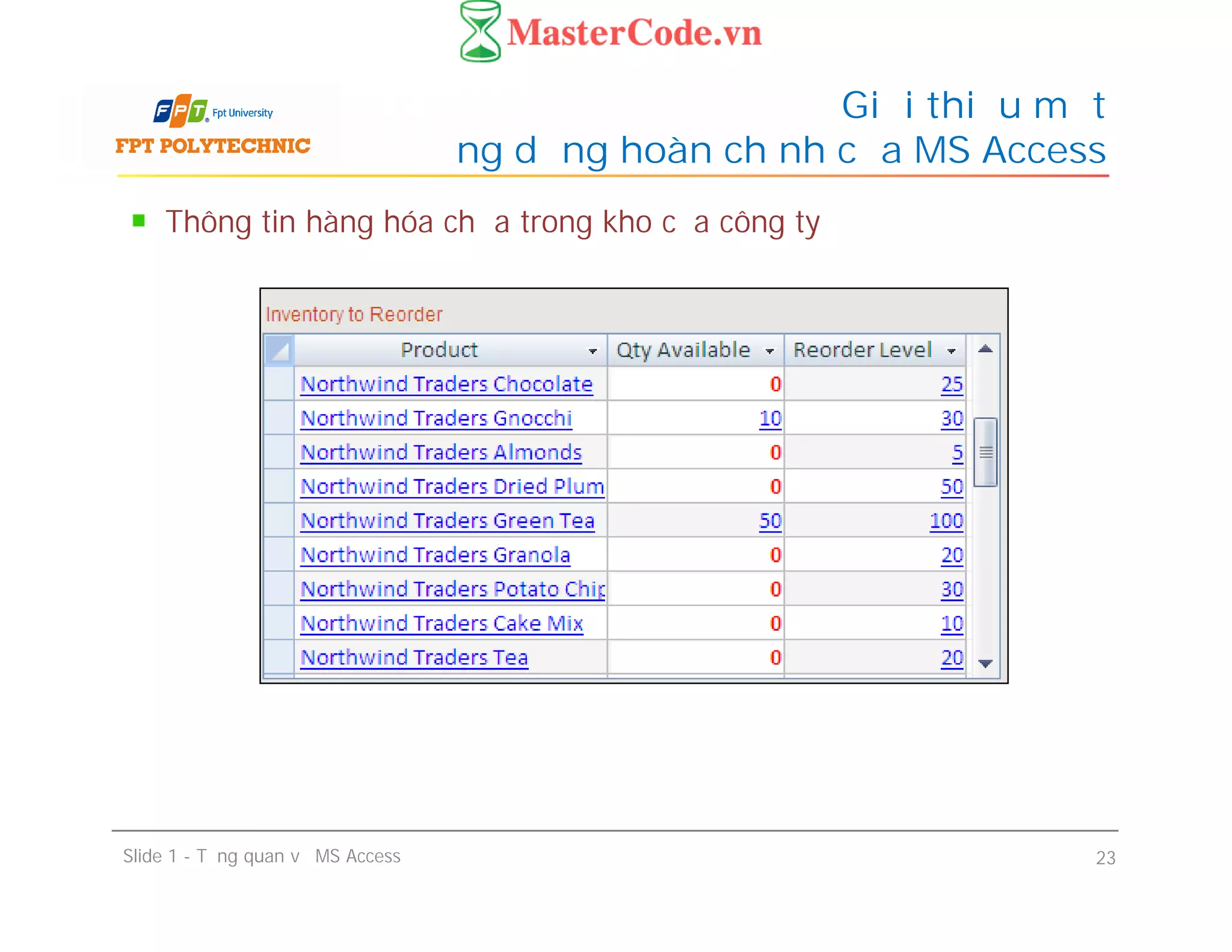 Thông tin hàng hóa chứa trong kho của công ty
Giới thiệu một
ứng dụng hoàn chỉnh của MS Access
Slide 1 - Tổng quan về MS Access 23
 