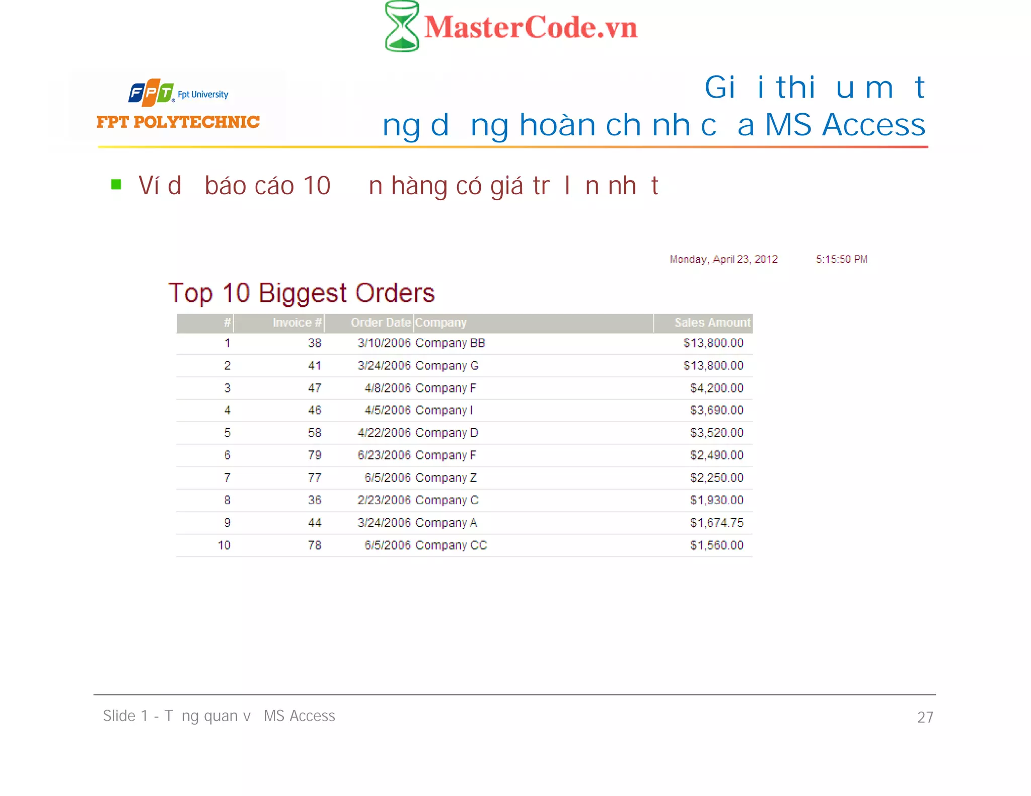 Ví dụ báo cáo 10 đơn hàng có giá trị lớn nhất
Giới thiệu một
ứng dụng hoàn chỉnh của MS Access
Slide 1 - Tổng quan về MS Access 27
 